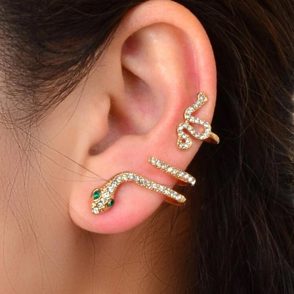 🐍 Awesome Set Of 2 Pierce-less Serpent Snake Rhinestone Left Ear Ear Cuffs 🐍
